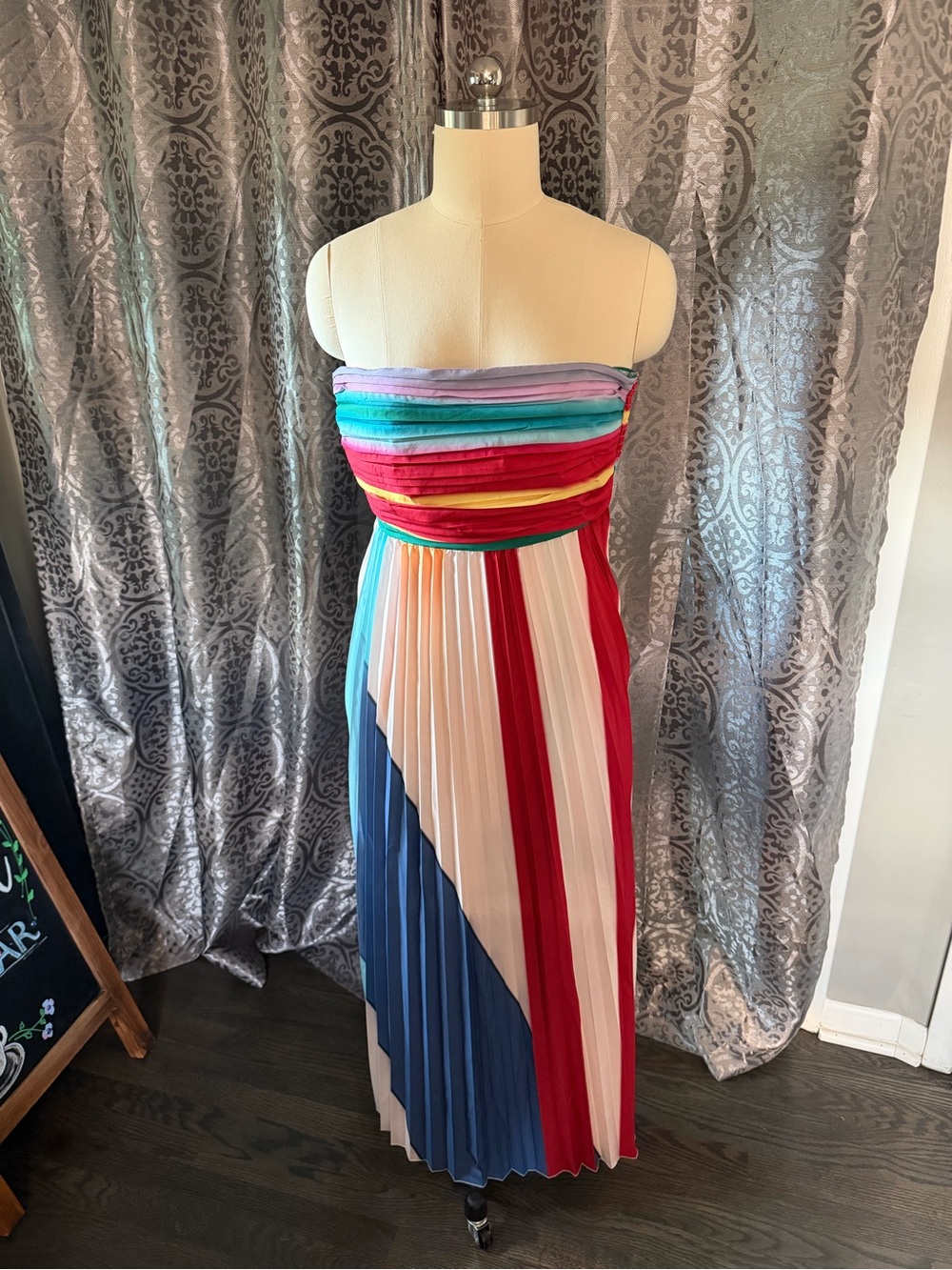 Colorblock Strapless Pleated Maxi Dress in Red, Blue, White and Pink